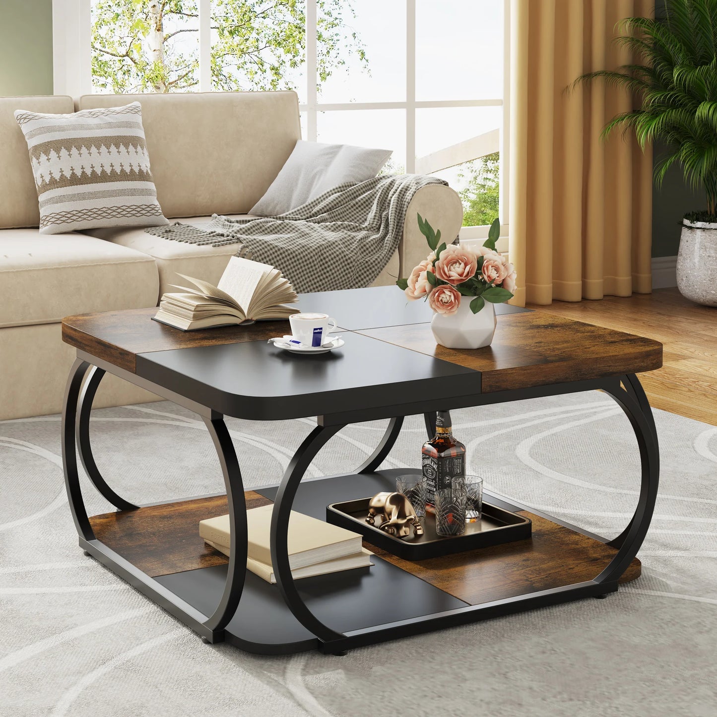 Tribesigns Farmhouse Square Coffee Table With Two Tiers Wood Storage