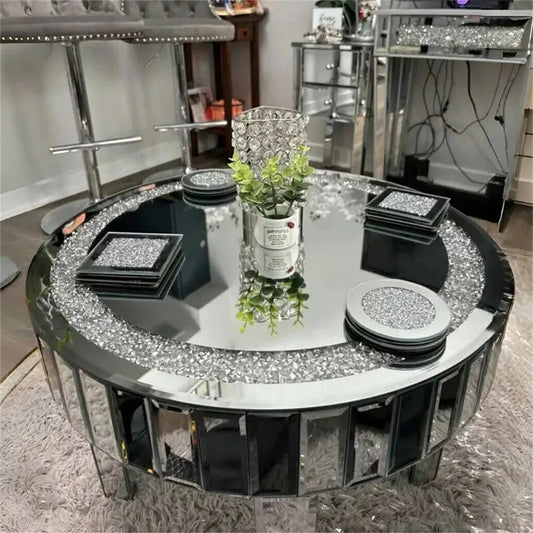 Crushed Crystal Mirrored Coffee Table 60cm Round Accent Table Leisure Table