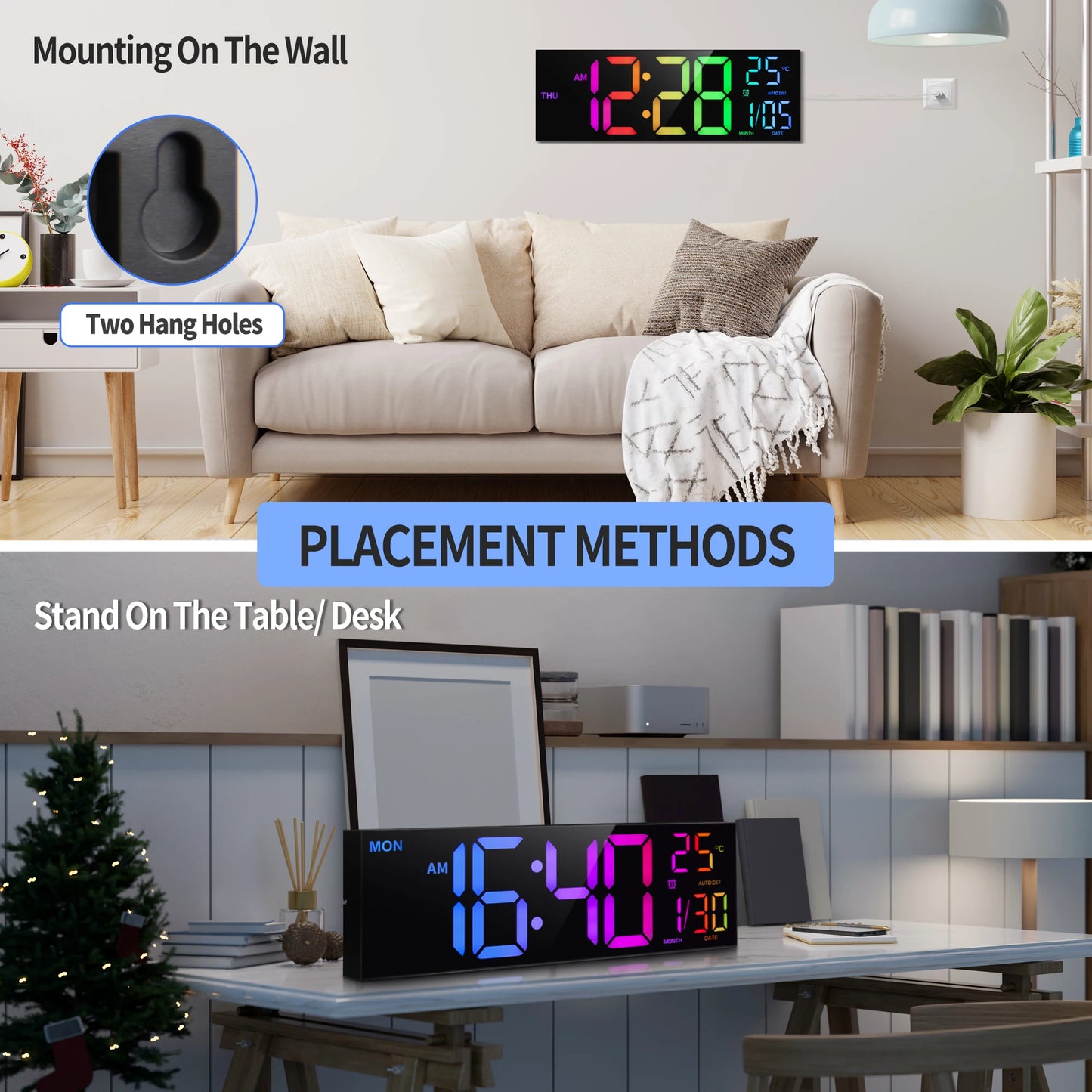 Digital LED Wall Clock With Remote Alarm And Temperature Display