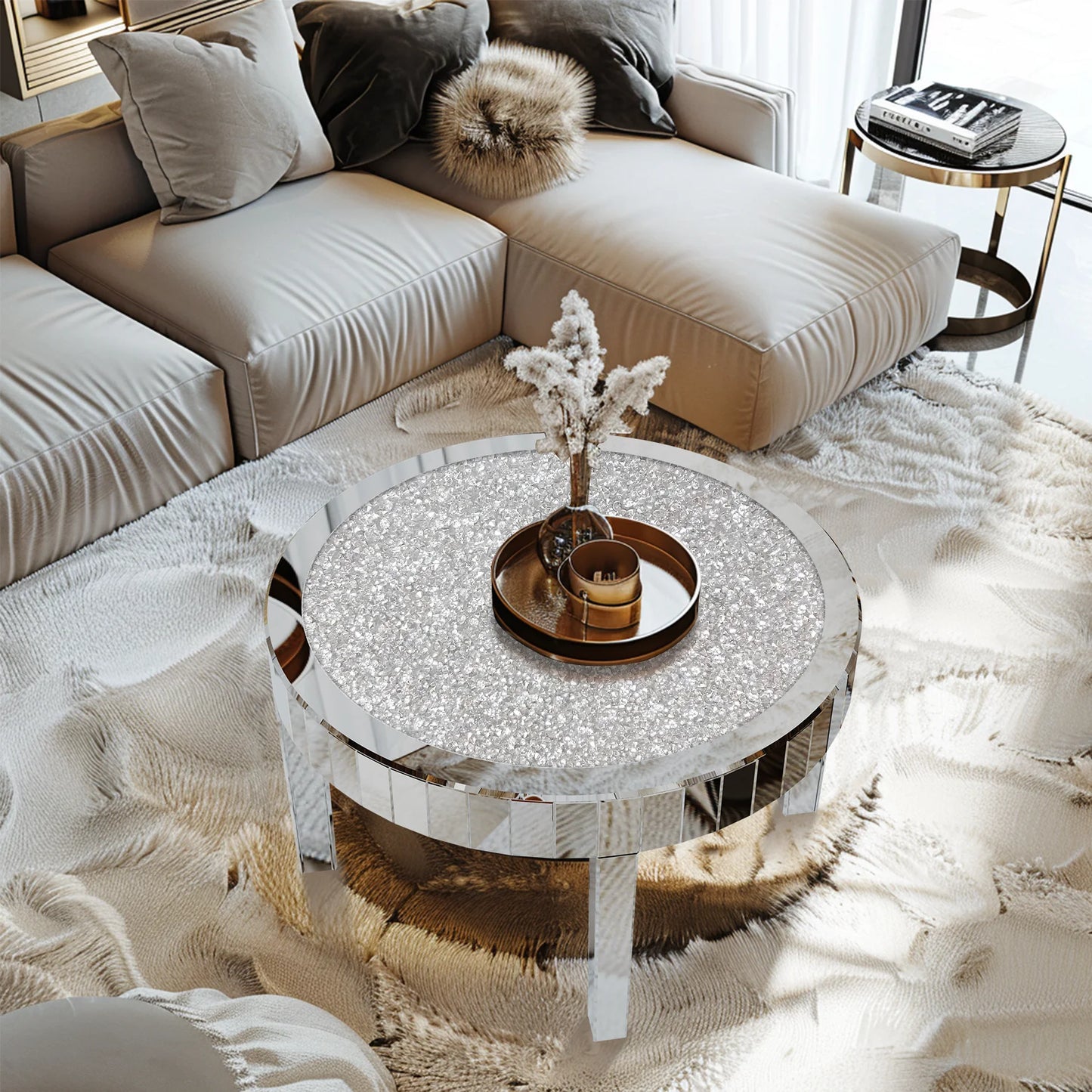 Mirrored Crystal Inlay Coffee Table Round Silver