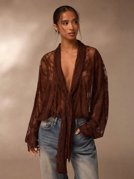 Lace Sheer Blouse for Women V Neck Long Sleeve Top